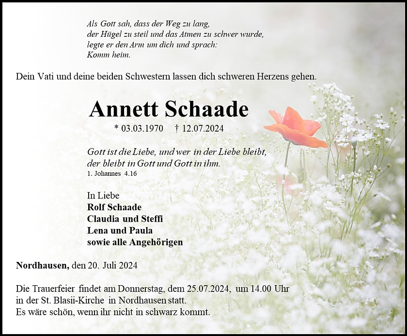 Traueranzeige (Foto: Bestattungshaus E. Schade)