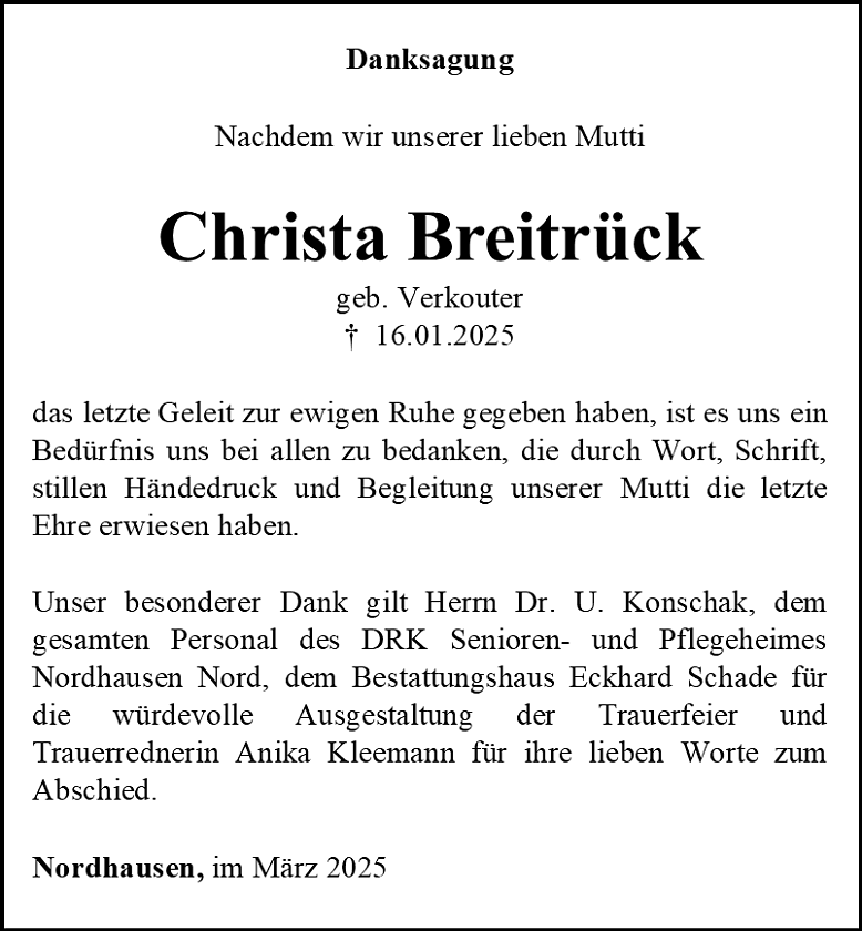 Danksagung (Foto: Bestattungshaus Eckhard Schade)