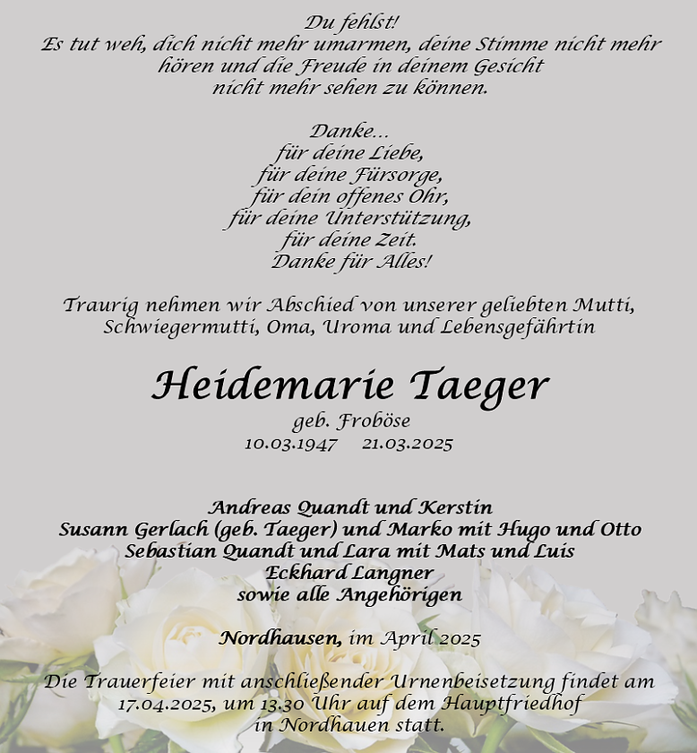 Traueranzeige (Foto: Bestattungshaus Eckhard Schade)