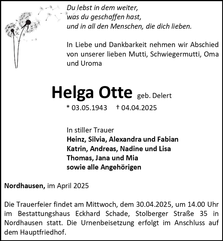 Traueranzeige (Foto: Bestattungshaus Schade)