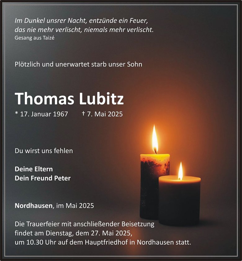 Traueranzeige Thomas Lubitz (Foto: H&Ouml;FER)