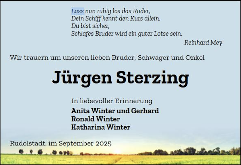 Traueranzeige J&uuml;rgen Sterzing (Foto: Anita Winter)