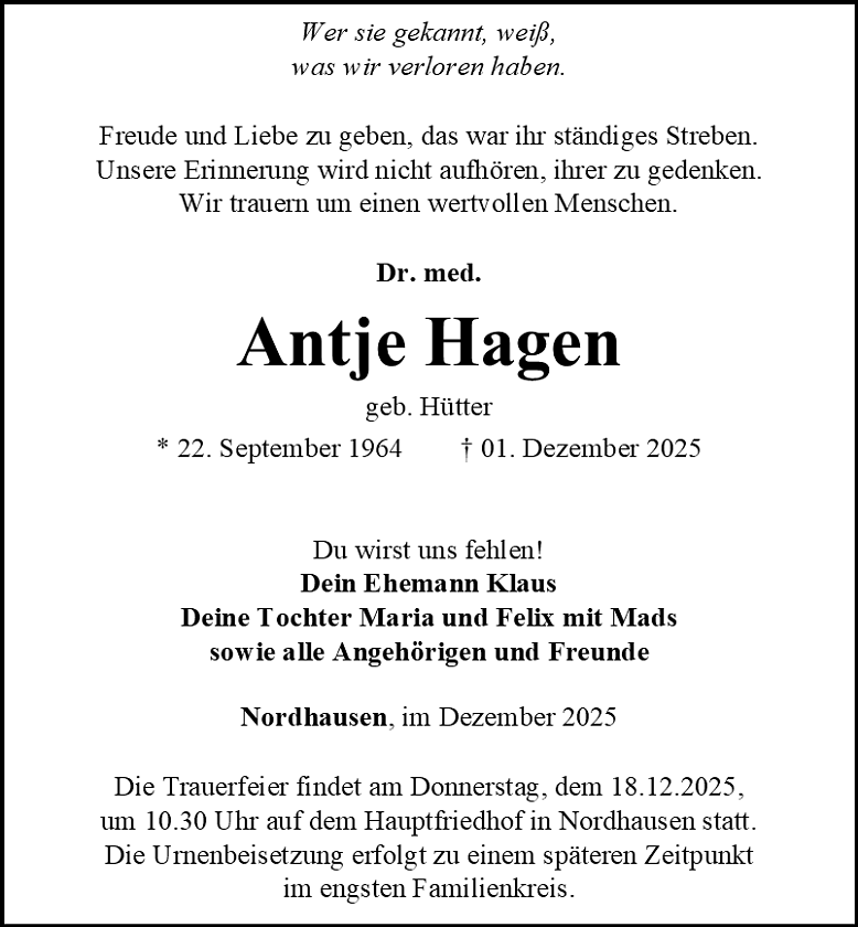 Traueranzeige (Foto: Bestattungshaus Schade)