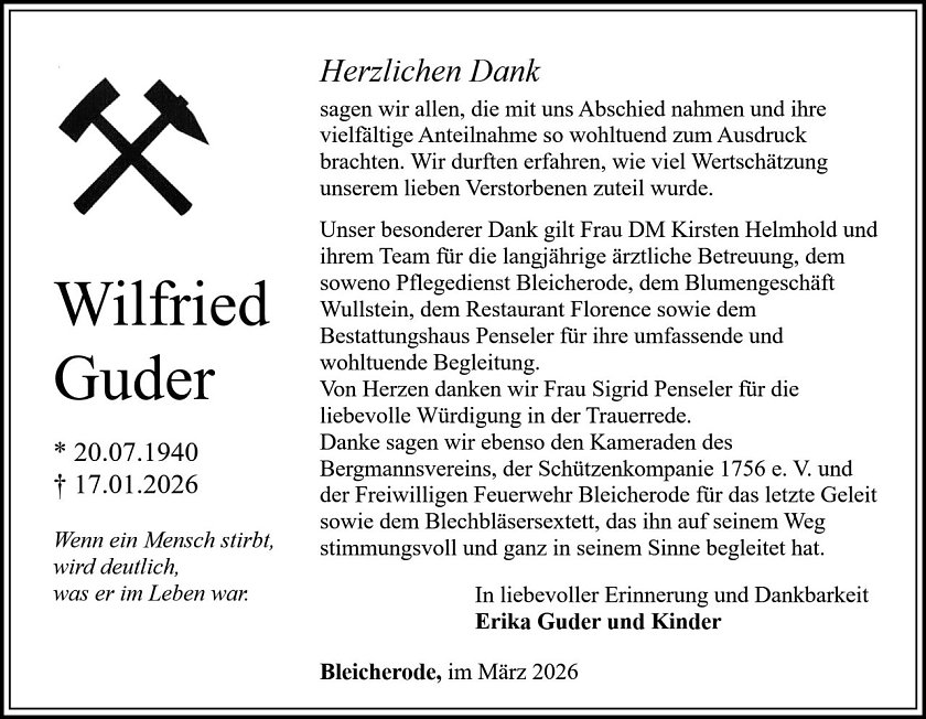 Danksagung im Trauerfall Wilfried Guder (Foto: Bestattungshaus PENSELER)