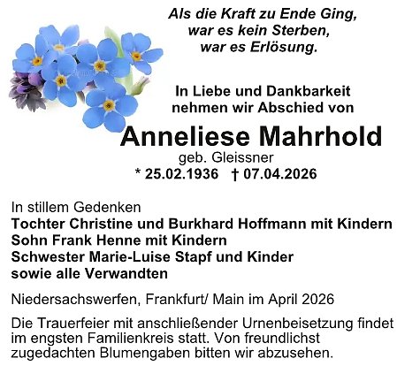 Traueranzeige (Foto: Bestattungen Kramer)