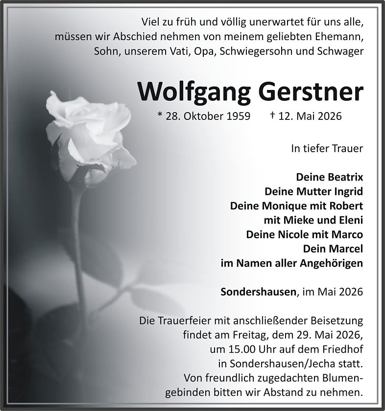 Traueranzeige Wolfgang Gerstner (Foto: keine Angaben)