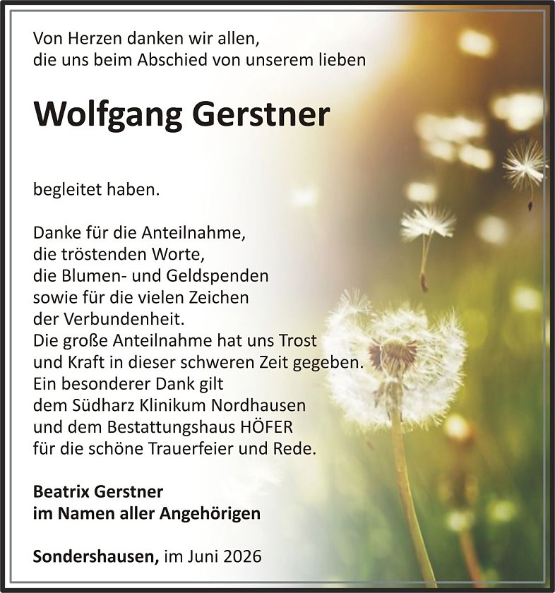 Dankanzeige Wolfgang Gerstner (Foto: keine Angaben)