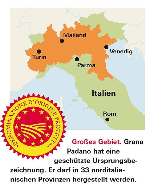 Grana Padano hat eine gesch&uuml;tzte Ursprungsbezeichnung. Er darf in 33 norditalienischen Provinzen hergestellt werden.
