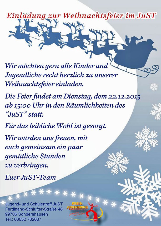 Weihnachtsfeier im JuST und &Ouml;ffnungszeiten