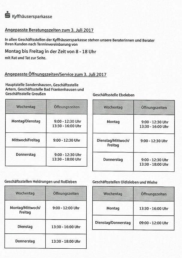 Ver&auml;nderungen im Filialnetz und in den &Ouml;ffnungszeiten