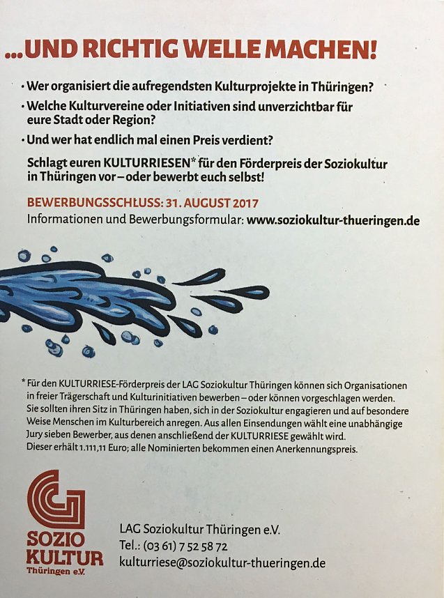 TH&Uuml;RINGER KULTURRIESE GESUCHT!
