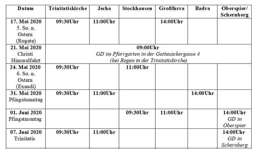 Wiederaufnahme von Gottesdiensten im Pfarramtsbereich Sondershausen