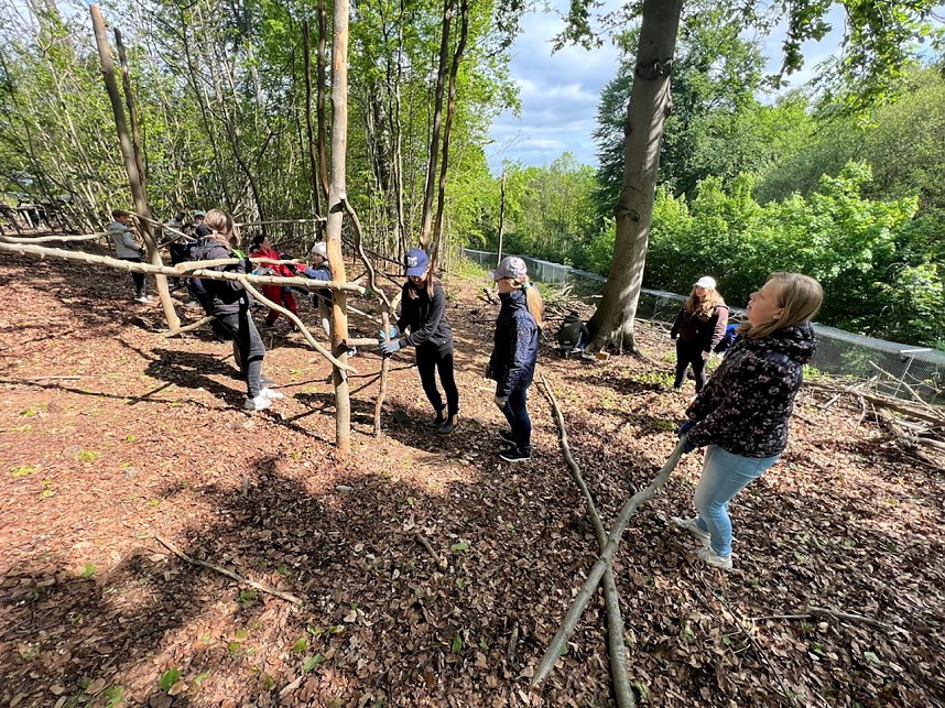 Sch&uuml;lerinnen und Sch&uuml;ler der 7. Klasse der Franzbergschule bauen ein neues Kletterger&uuml;st f&uuml;r die Kattas im Affenwald Strau&szlig;berg