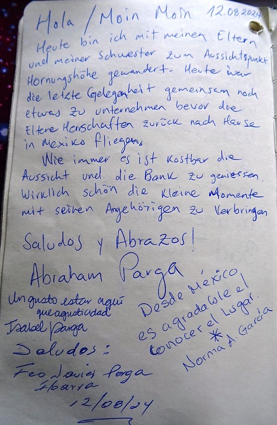 G&auml;stebucheintragungen aus aller Welt auf der Hornungsh&ouml;he